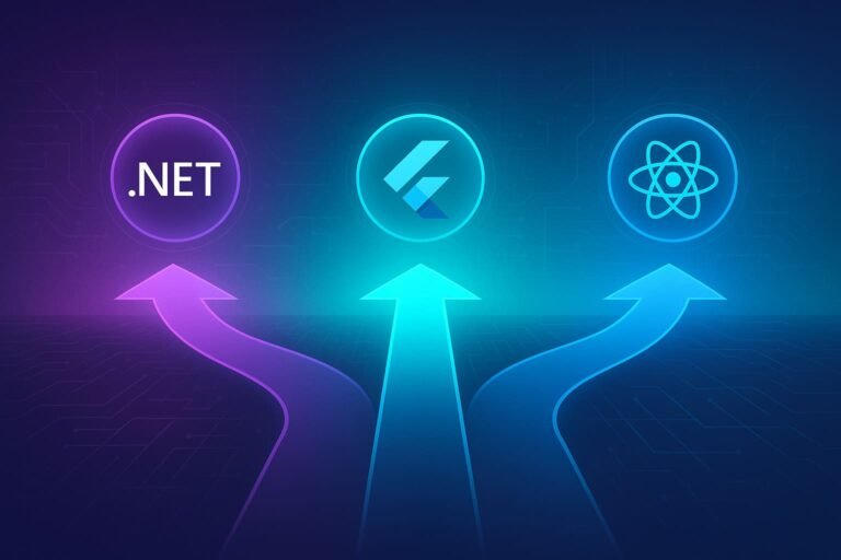 Futuristic crossroads illustration showing .NET MAUI, Flutter, and React Native logos representing cross-platform app development choices