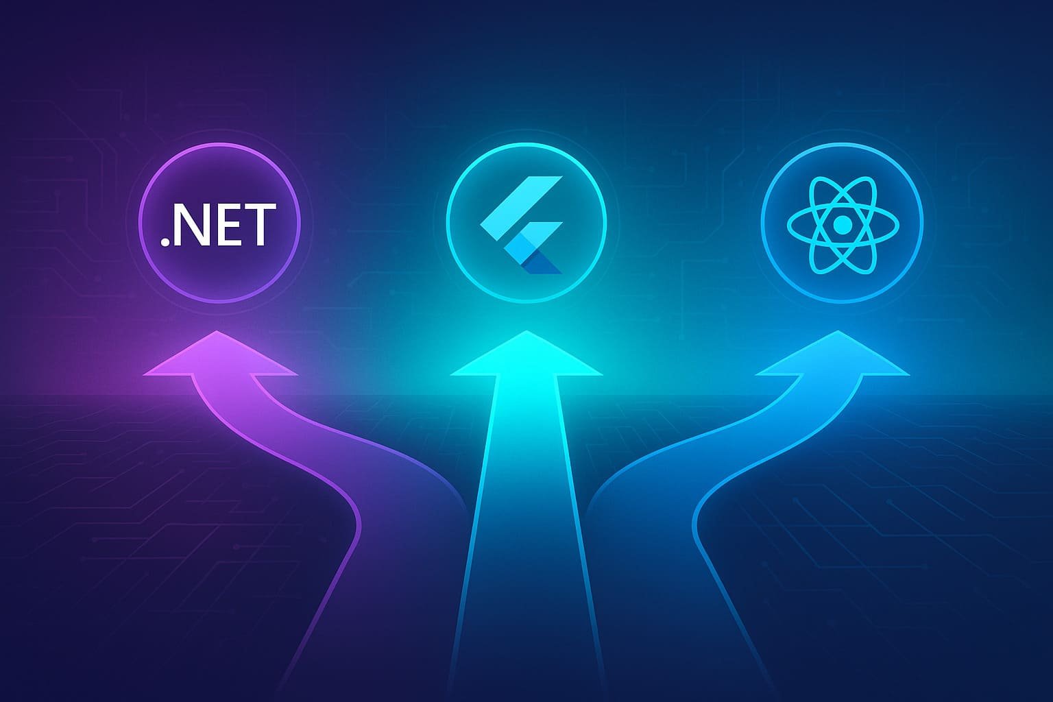 Futuristic crossroads illustration showing .NET MAUI, Flutter, and React Native logos representing cross-platform app development choices
