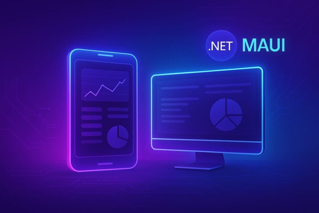 Futuristic holographic illustration of a smartphone and desktop screen showing dashboards, representing .NET MAUI cross-platform enterprise app development