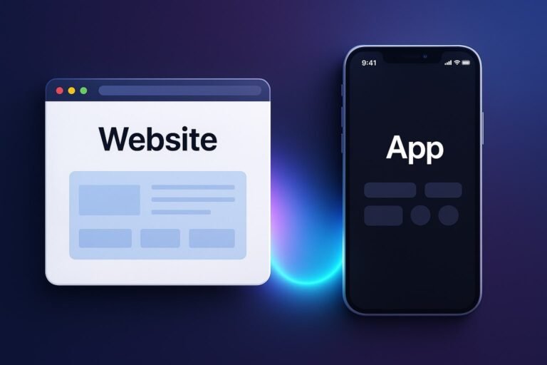 Split screen illustration comparing Website and App with glowing gradient connection