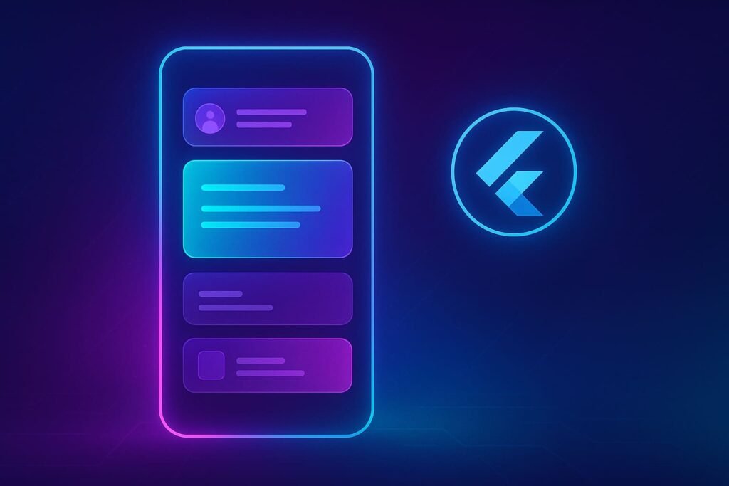 Futuristic holographic illustration of a smartphone and desktop screen showing dashboards, representing .NET MAUI cross-platform enterprise app development