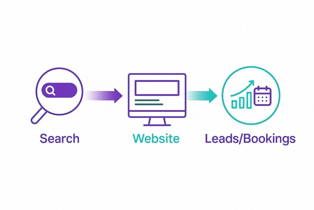 Linear funnel showing Search to Website to Leads and Bookings