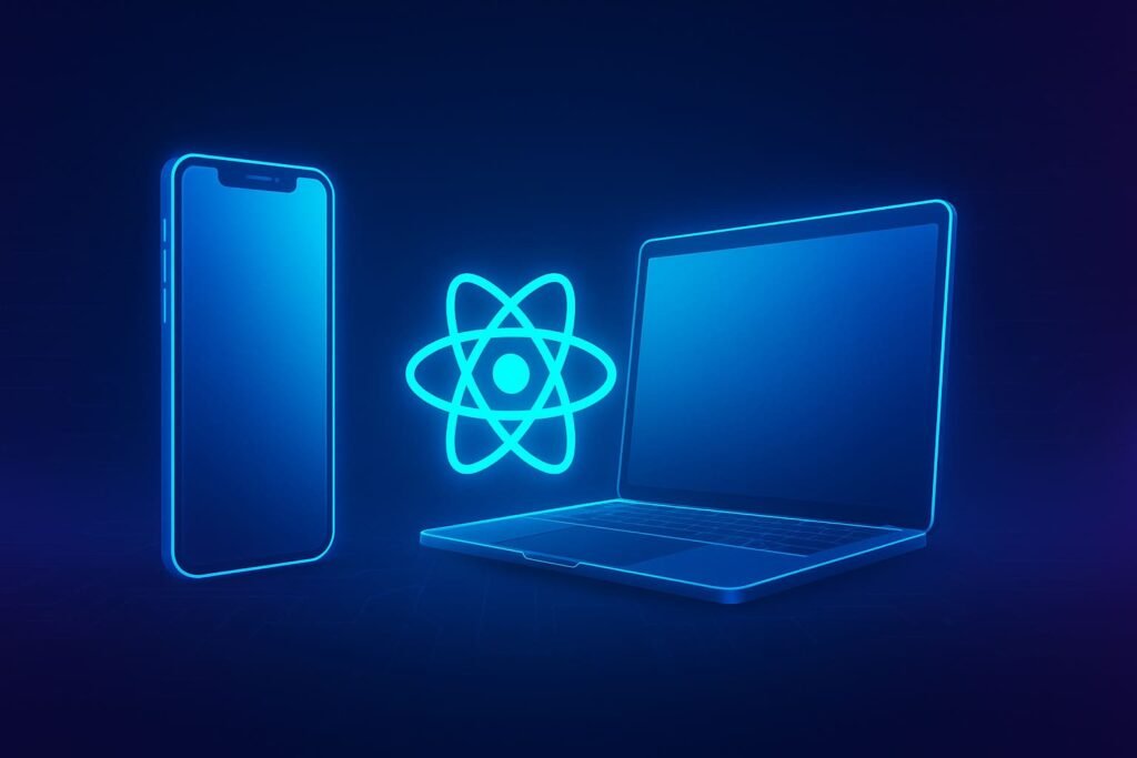 Futuristic holographic smartphone and laptop with React Native atom logo in the center, symbolizing cross-platform development for web and mobile